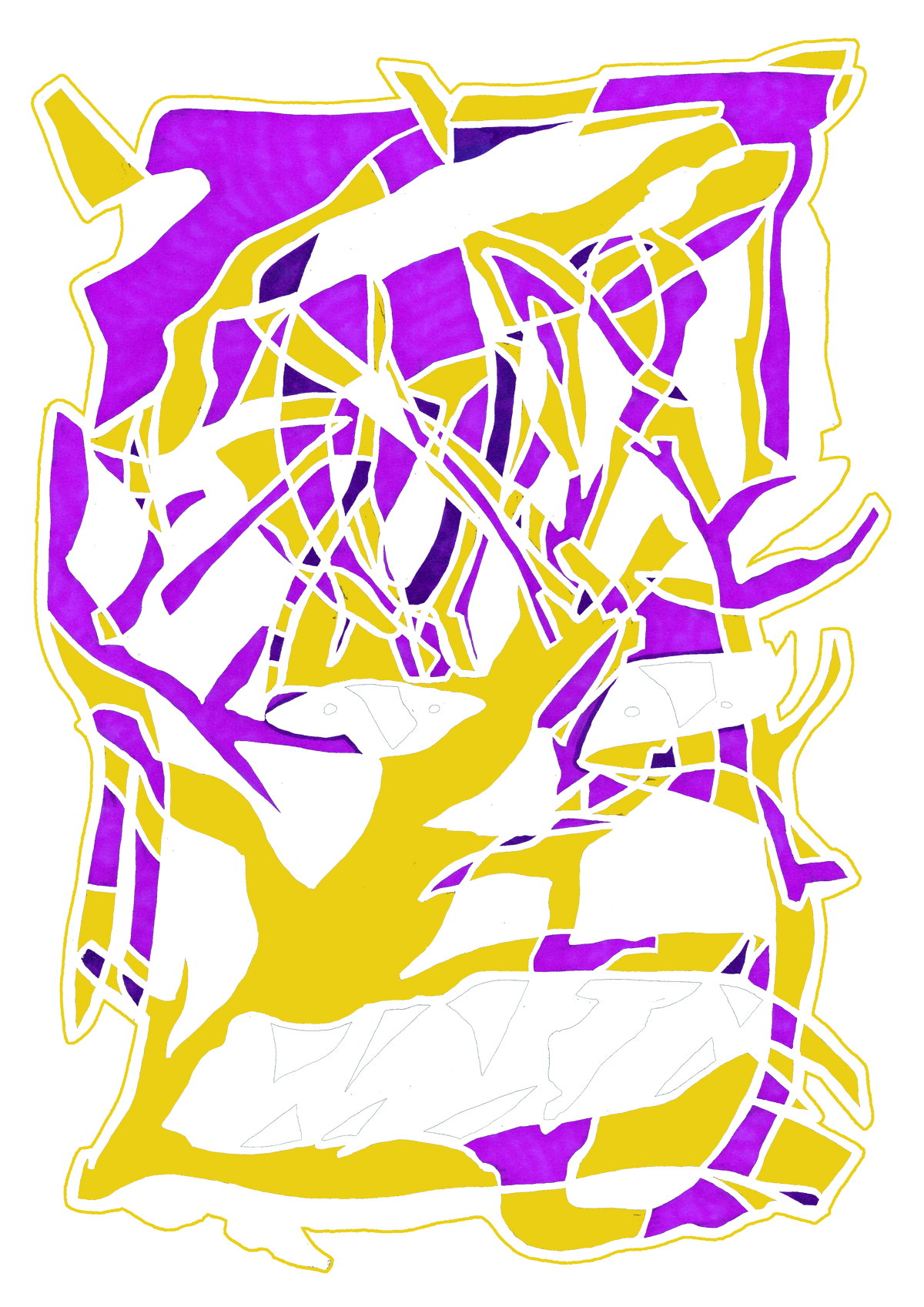 Purple and yellow hand-drawn monster artwork
