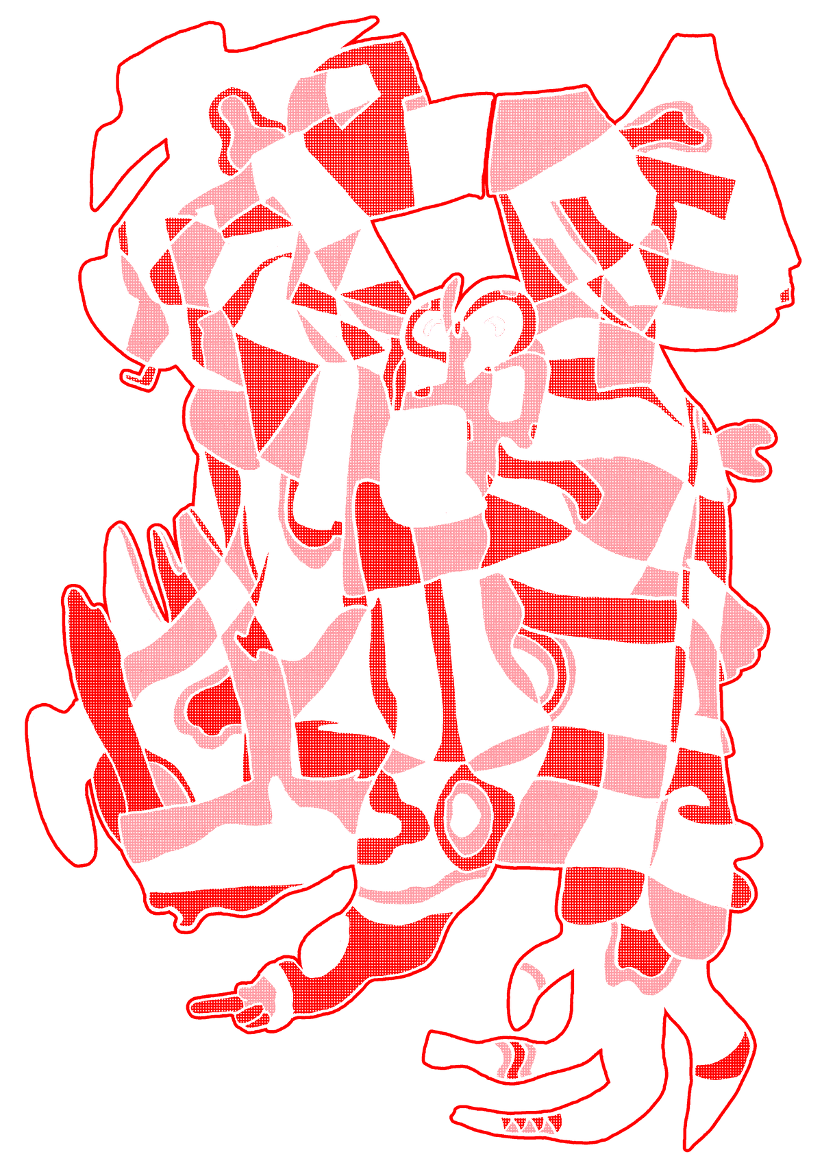 Red and pink hand-drawn abstract monster artwork
