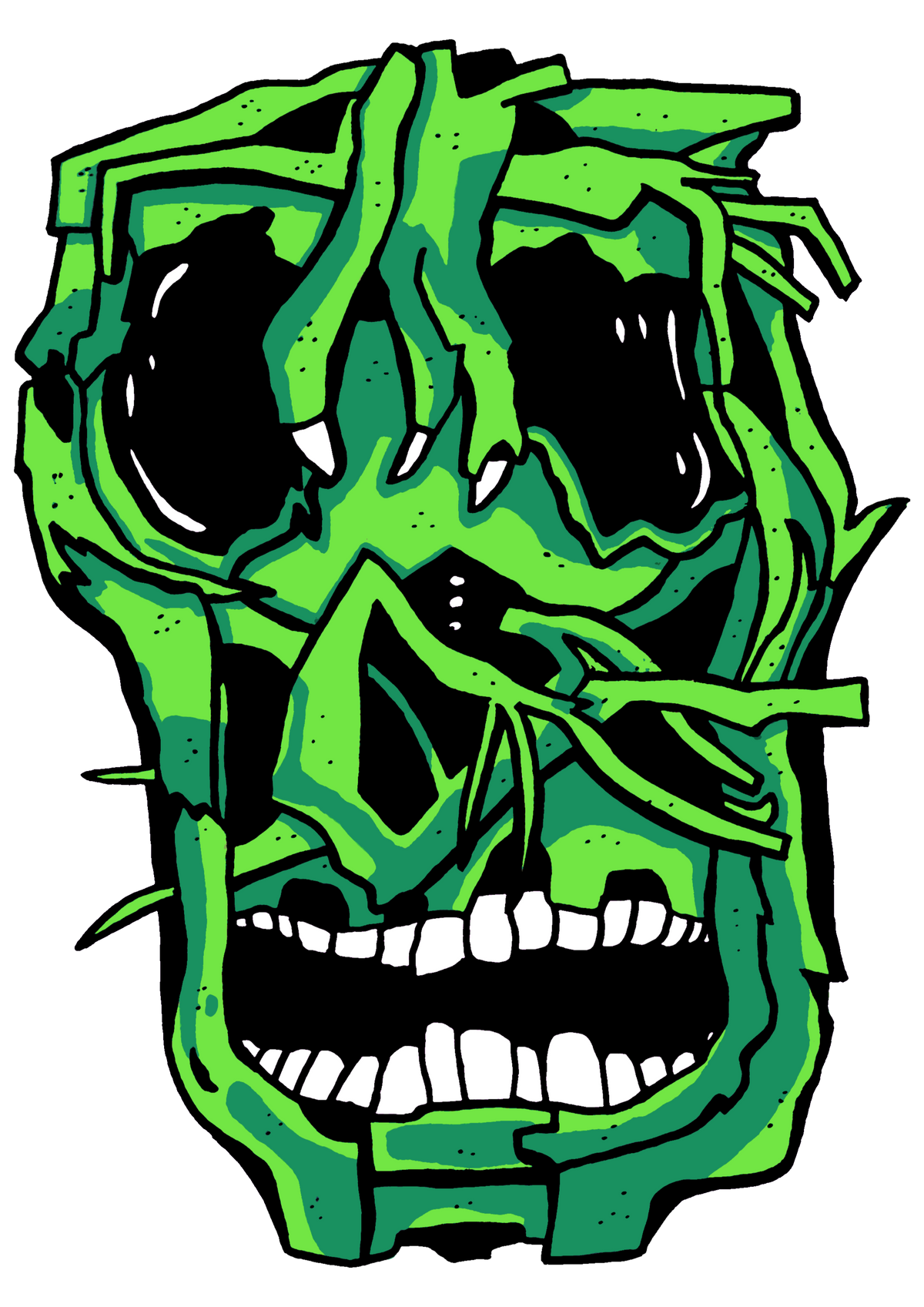 Green hand-drawn monster face artwork