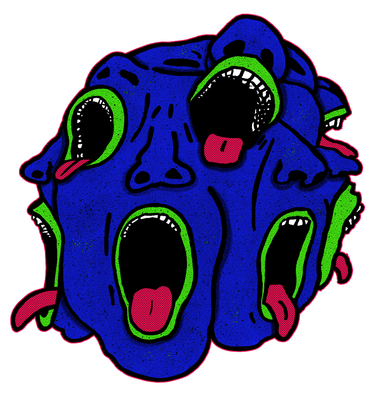 Blue hand-drawn multi-mouth monster artwork